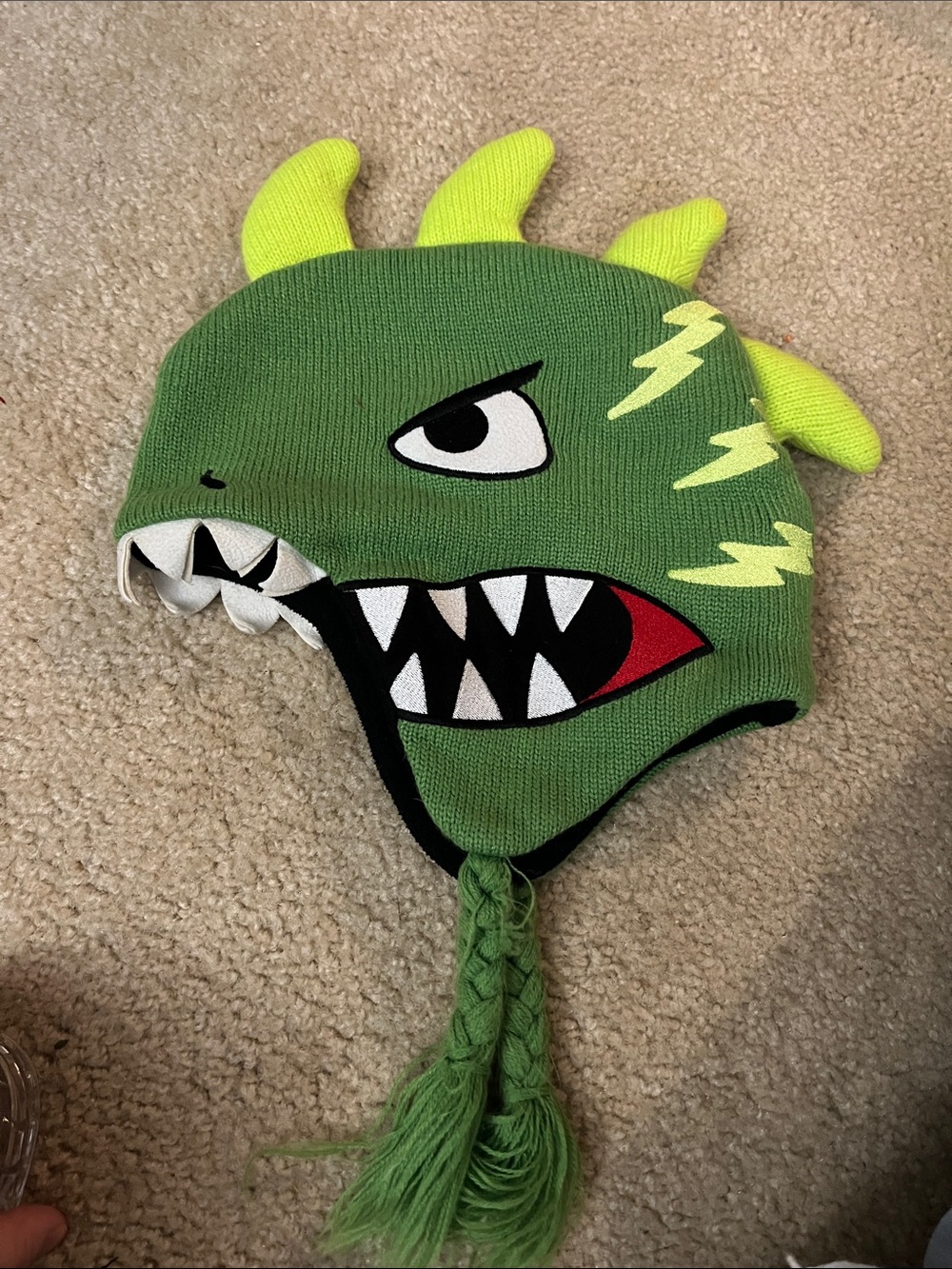Green Monster Knit Earflap Hat with Neon Spikes